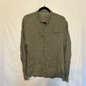 Celio Olive Button Down 100% Linen Shirt Size X-Large Front Pocket Casual